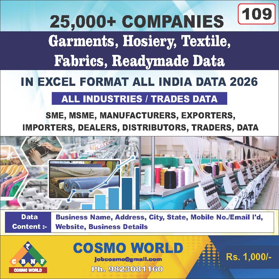 Garments, Hosiery, Textile, Fabrics, Readymade Database by CosmoDatabase — B2B Contact List with Emails and Phone Numbers