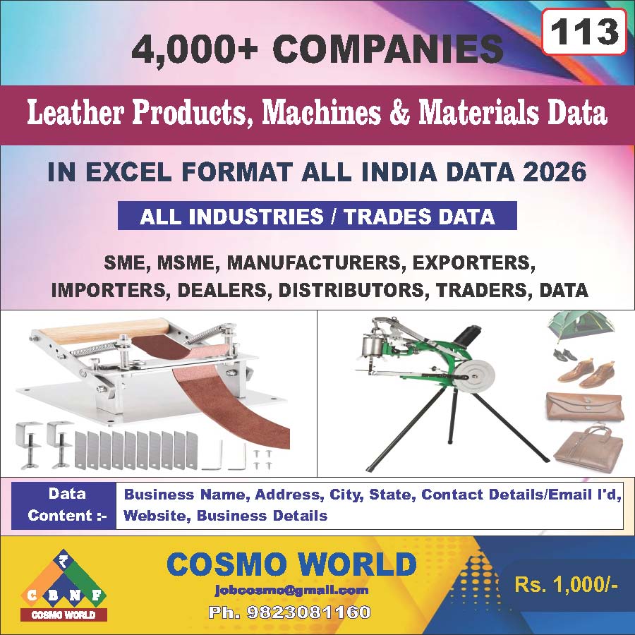 Leather Products, Machines & Materials Database by CosmoDatabase — B2B Contact List with Emails and Phone Numbers