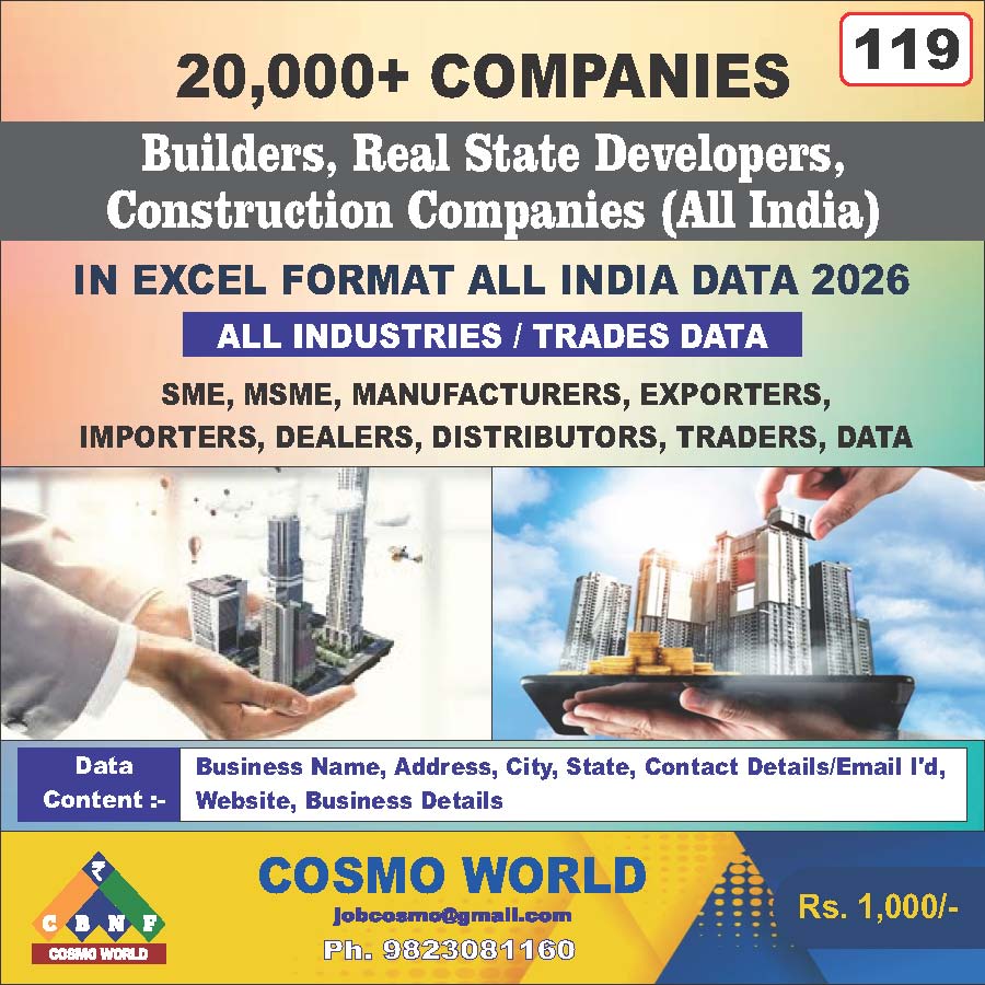 Builders, Real State Developers, Construction Companies (All India) Database by CosmoDatabase — B2B Contact List with Emails and Phone Numbers