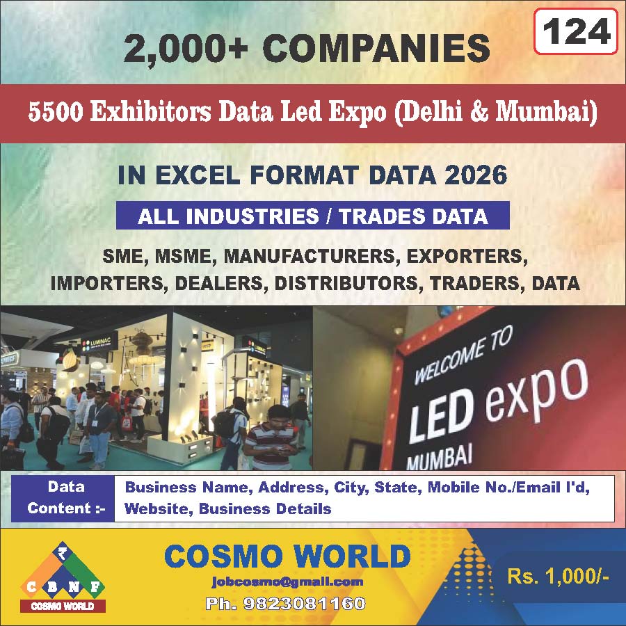 5500 Exhibitors, Led Expo (Delhi & Mumbai) Database by CosmoDatabase — B2B Contact List with Emails and Phone Numbers