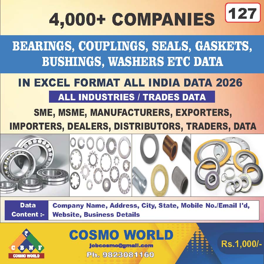 Bearings, Couplings, Seals, Gaskets, Bushings, Washers etc. Database by CosmoDatabase — B2B Contact List with Emails and Phone Numbers