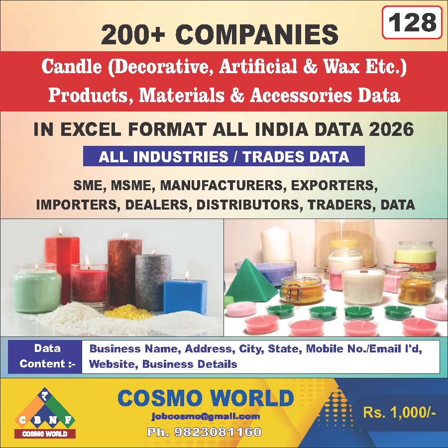 Candle (Decorative, Artificial & Wax Etc.) Products, Materials & Accessories Database by CosmoDatabase — B2B Contact List with Emails and Phone Numbers