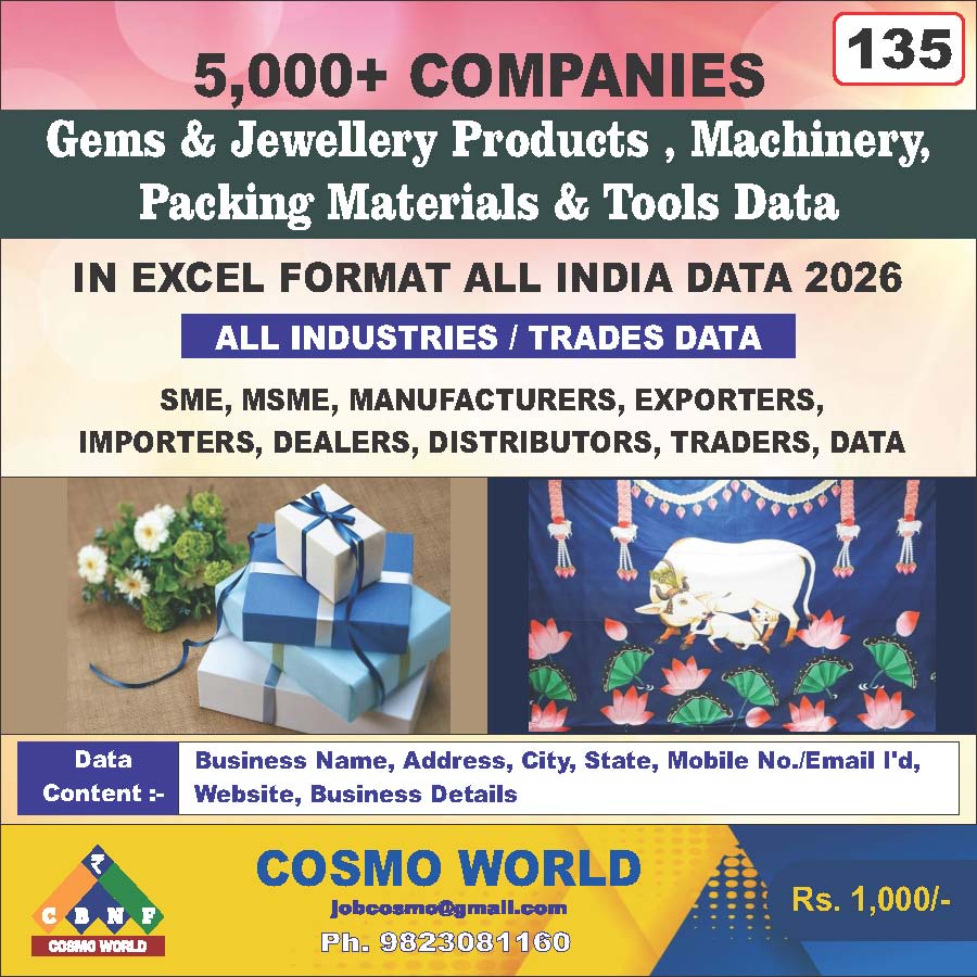 Gems & Jewellery Products, Machinery, Packing Materials & Tools Database by CosmoDatabase — B2B Contact List with Emails and Phone Numbers