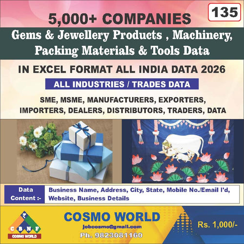 Gems & Jewellery Products, Machinery, Packing Materials & Tools Database by CosmoDatabase — B2B Contact List with Emails and Phone Numbers