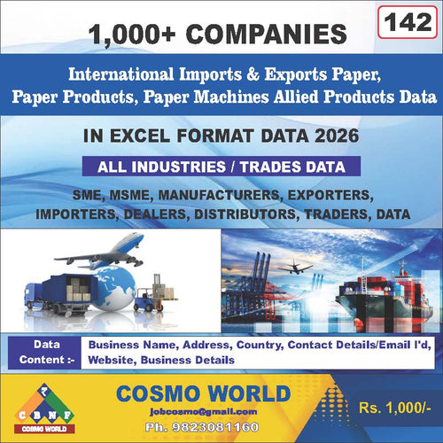 International Imports & Exports Paper, Paper Products, Paper Machines Allied Products Database by CosmoDatabase — B2B Contact List with Emails and Phone Numbers