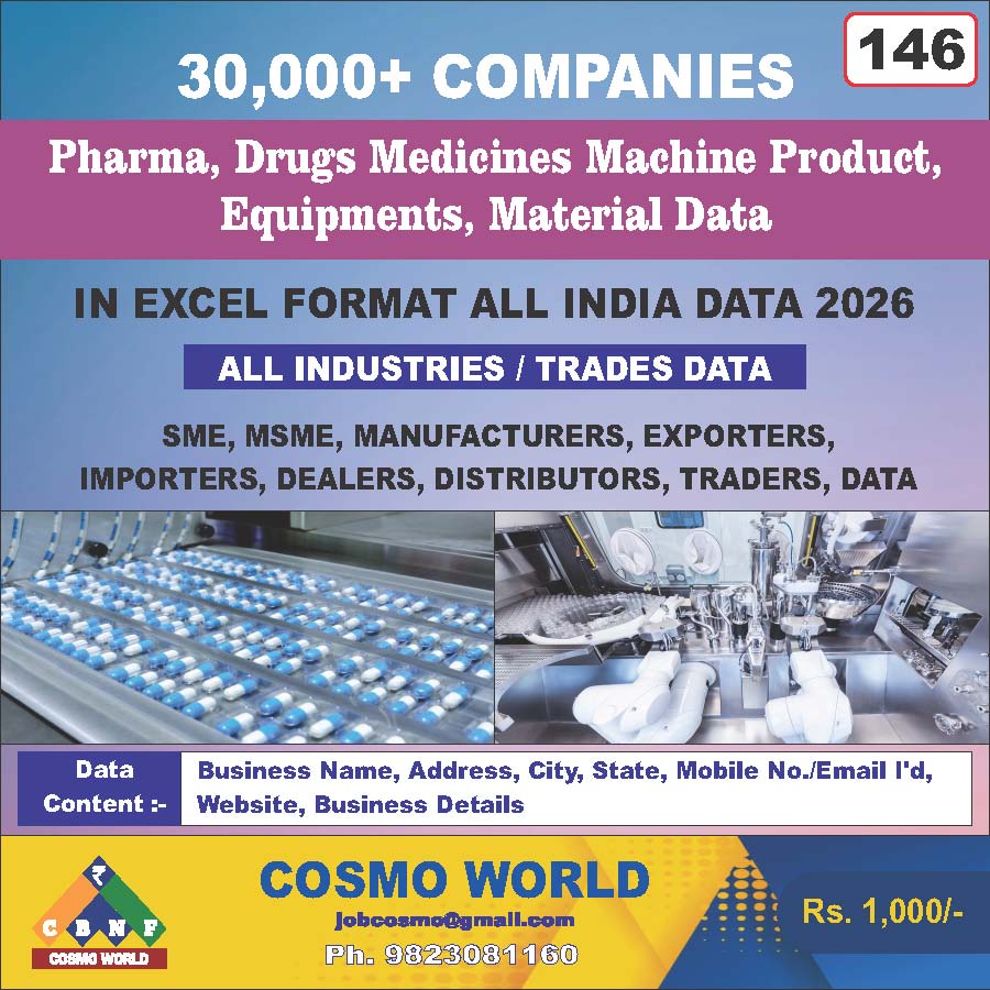 Pharma, Drugs Medicines Machine Product, Equipments, Material Database by CosmoDatabase — B2B Contact List with Emails and Phone Numbers