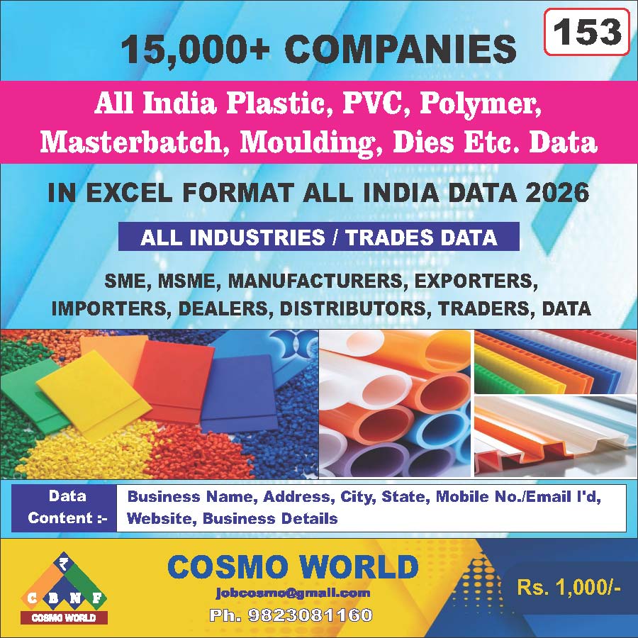 All India Plastic, PVC, Polymer, Masterbatch, Moulding, Dies Etc. Database by CosmoDatabase — B2B Contact List with Emails and Phone Numbers