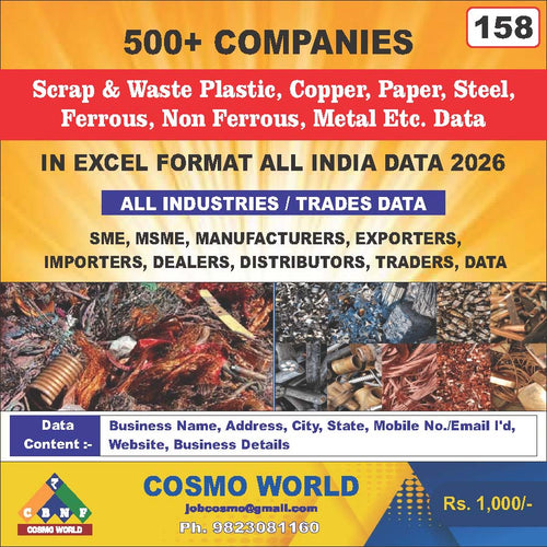Scrap & Waste Plastic, Copper, Paper, Steel, Ferrous, Non Ferrous, Metal Etc. Database by CosmoDatabase — B2B Contact List with Emails and Phone Numbers