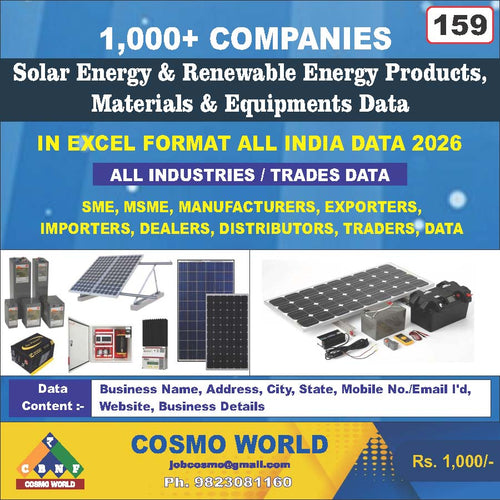 Solar Energy & Renewable Energy Products, Materials & Equipment's Database by CosmoDatabase — B2B Contact List with Emails and Phone Numbers