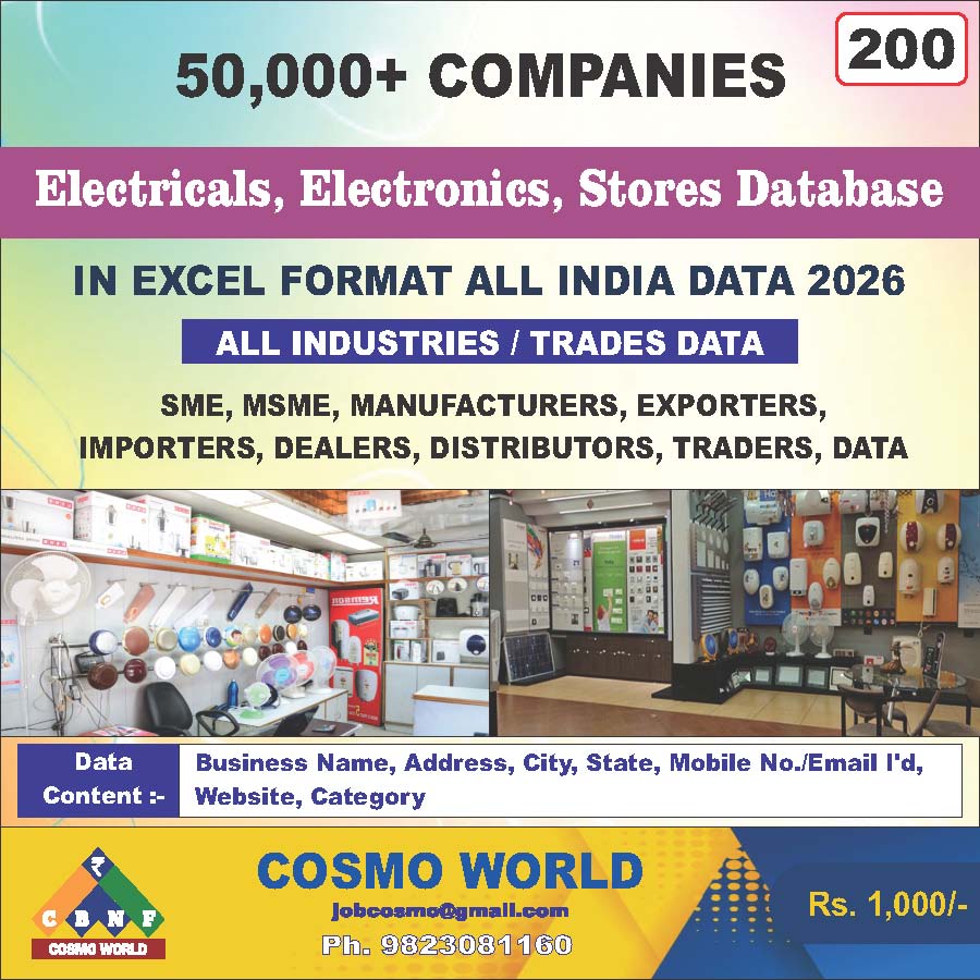 Electricals, Electronics, Stores Database by CosmoDatabase — B2B Contact List with Emails and Phone Numbers