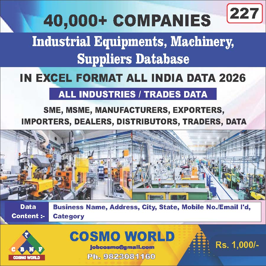 Industrial Equipments, Machinery, Suppliers Database by CosmoDatabase — B2B Contact List with Emails and Phone Numbers
