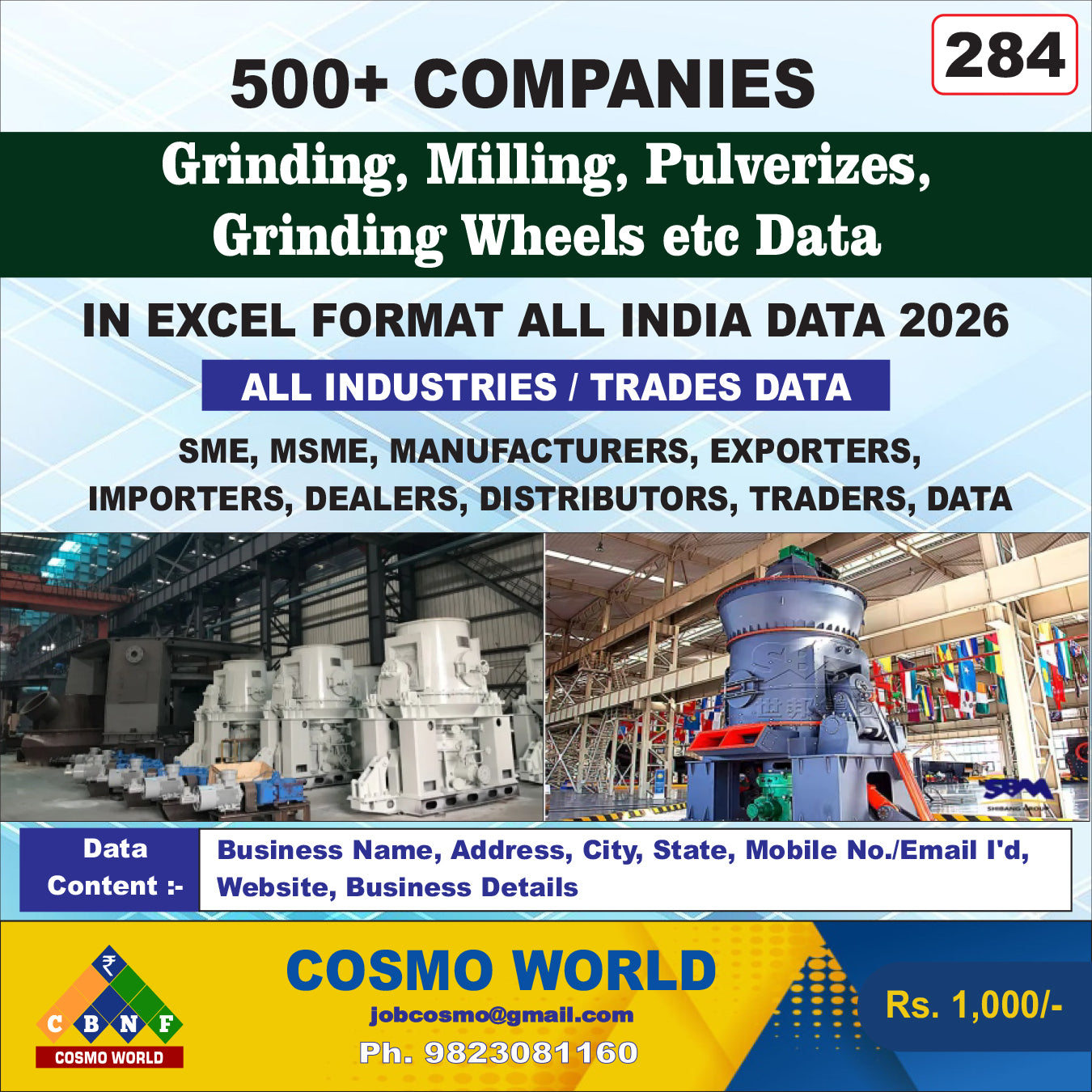 Grinding, Milling, Pulverizers, Grinding Wheels etc Database by CosmoDatabase — B2B Contact List with Emails and Phone Numbers