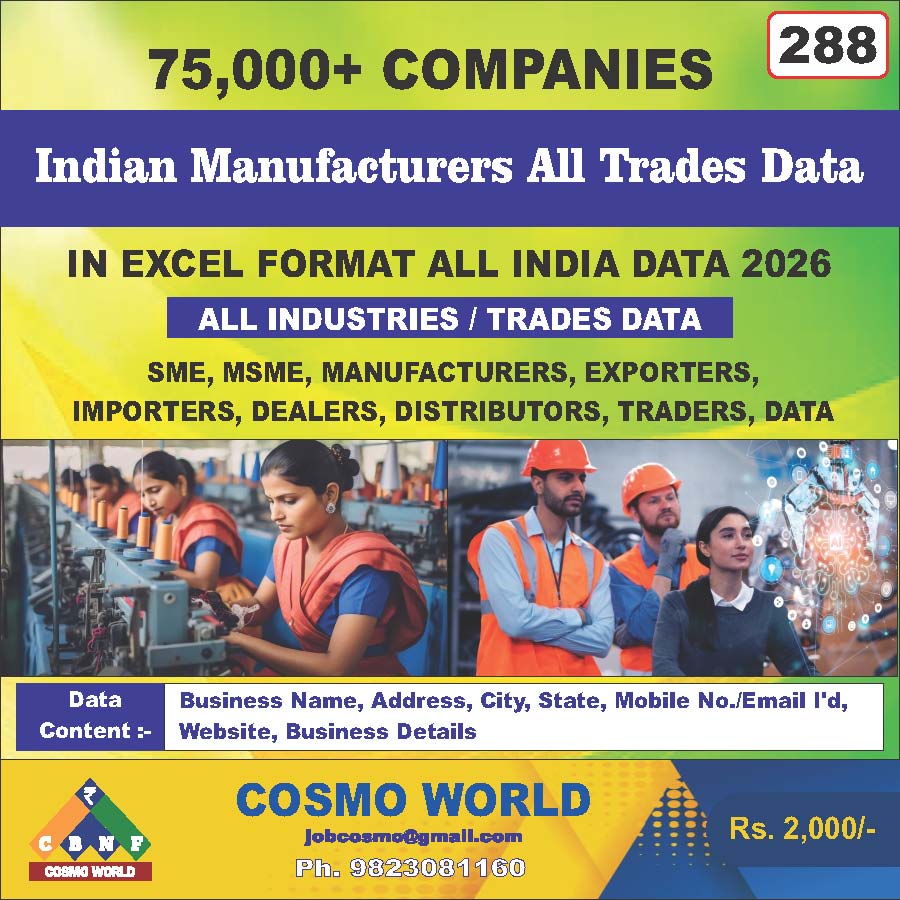 Indian Manufacturers All Trades Database by CosmoDatabase — B2B Contact List with Emails and Phone Numbers