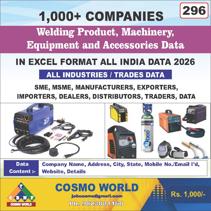 Welding Product, Machinery, Equipment and Accessories Database by CosmoDatabase — B2B Contact List with Emails and Phone Numbers
