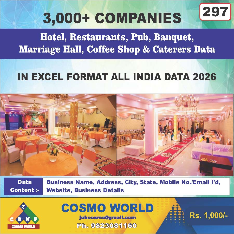 Hotel, Restaurants, Pub, Banquet, Marriage Hall, Coffee Shop & Caterers Database by CosmoDatabase — B2B Contact List with Emails and Phone Numbers