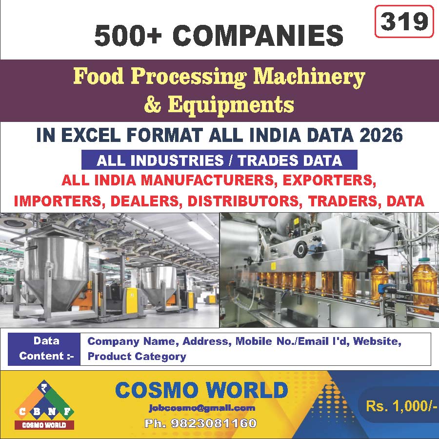 Food Processing Machinery & Equipment's Database by CosmoDatabase — B2B Contact List with Emails and Phone Numbers