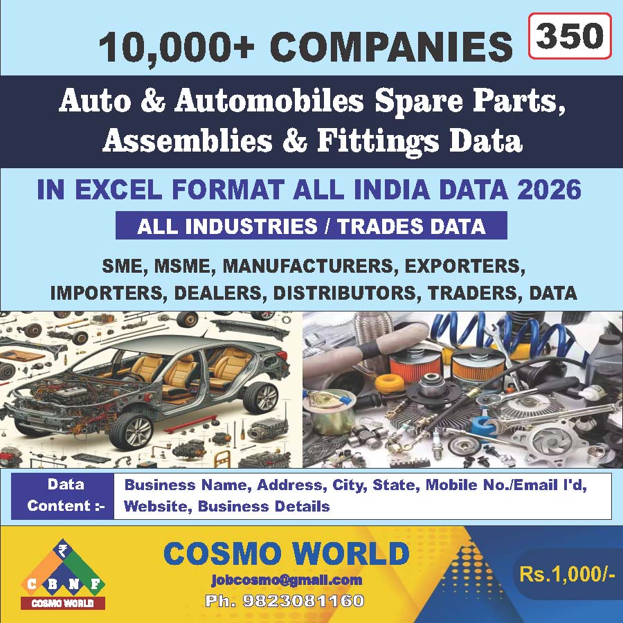 Auto & Automobiles Spare Parts, Assemblies & Fittings Database by CosmoDatabase — B2B Contact List with Emails and Phone Numbers