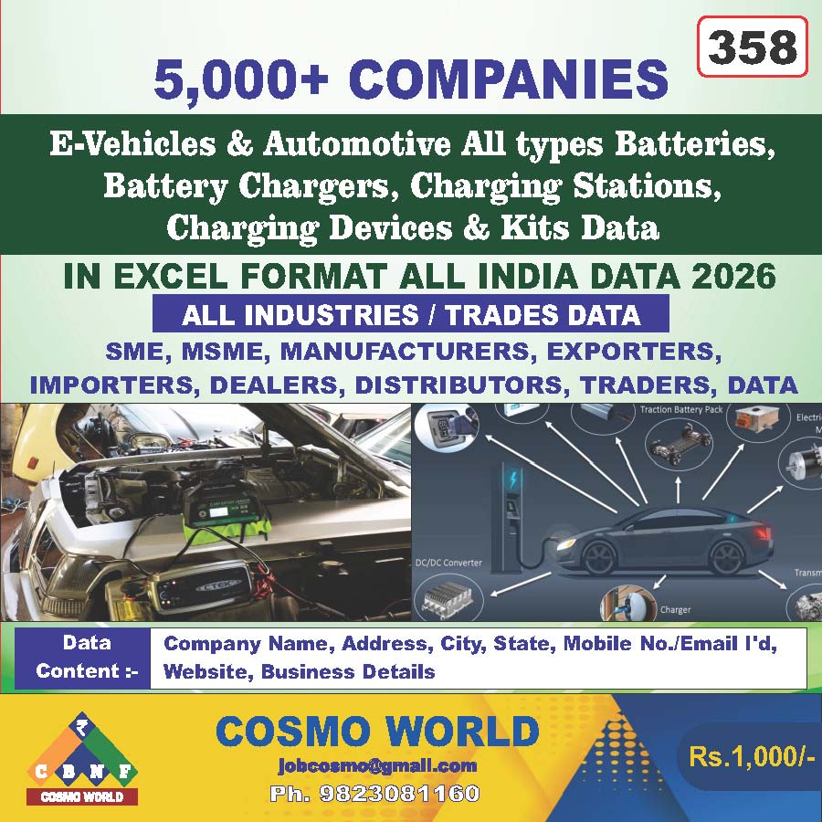 E-Vehicles & Automotive All types Batteries, Battery Chargers, Charging Stations, Charging Devices & Kits Database by CosmoDatabase — B2B Contact List with Emails and Phone Numbers