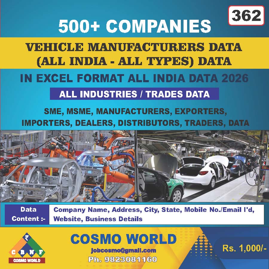 Vehicle Manufacturers (All India - All Types) Database by CosmoDatabase — B2B Contact List with Emails and Phone Numbers