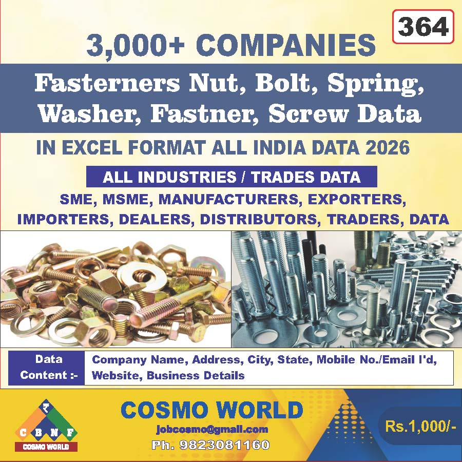 Fasteners Nut, Bolt, Spring, Washer, Fastener, Screw Database by CosmoDatabase — B2B Contact List with Emails and Phone Numbers