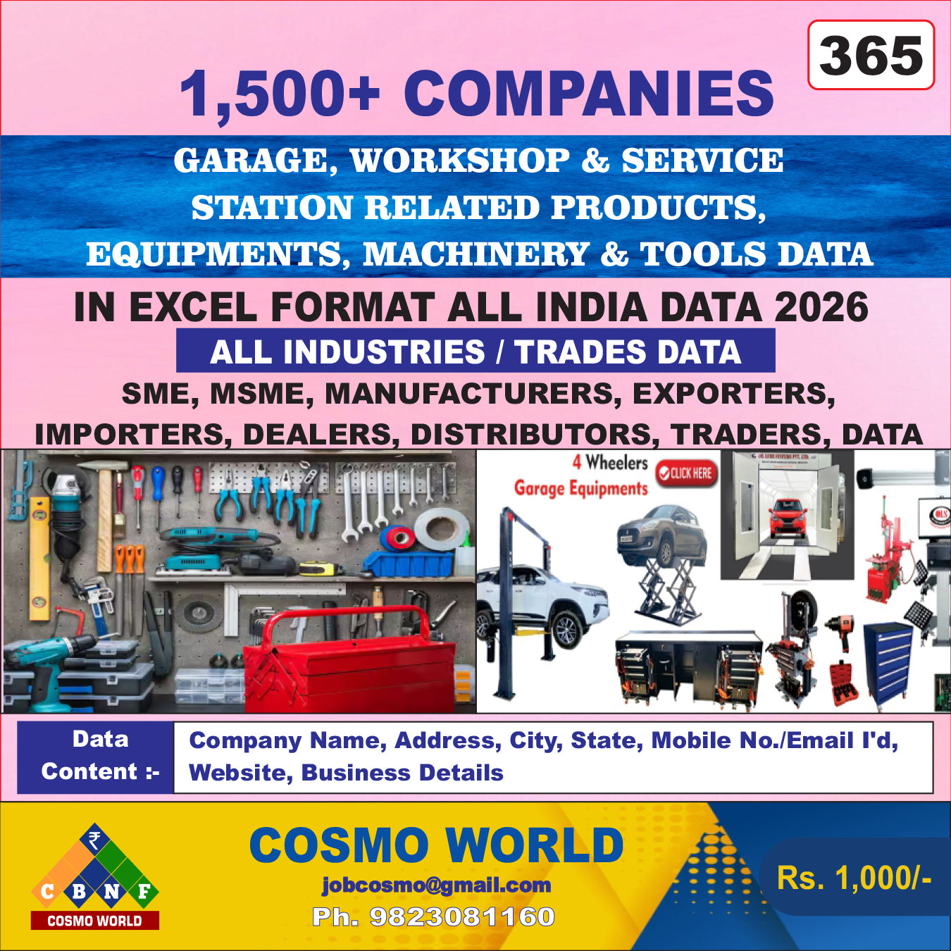Garage, Workshop & Service Station Related Products, Equipment’s, Machinery & Tools Database by CosmoDatabase — B2B Contact List with Emails and Phone Numbers