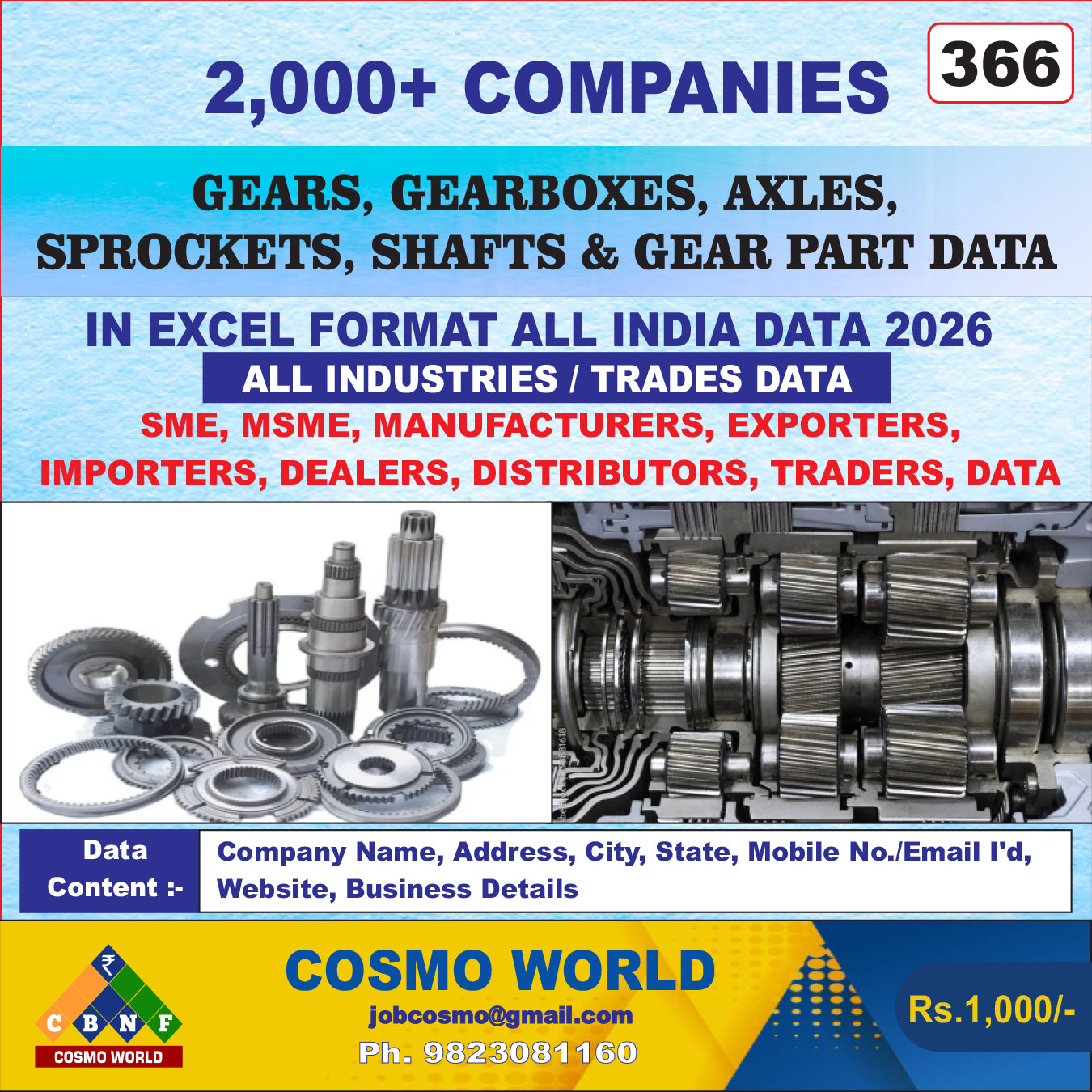 Gears, Gearboxes, Axles, Sprockets, Shafts & Gear Part Database by CosmoDatabase — B2B Contact List with Emails and Phone Numbers