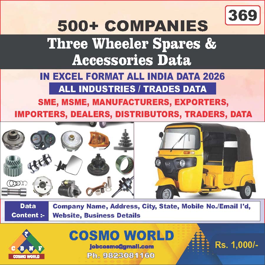 Three Wheeler Spares & Accessories Database by CosmoDatabase — B2B Contact List with Emails and Phone Numbers