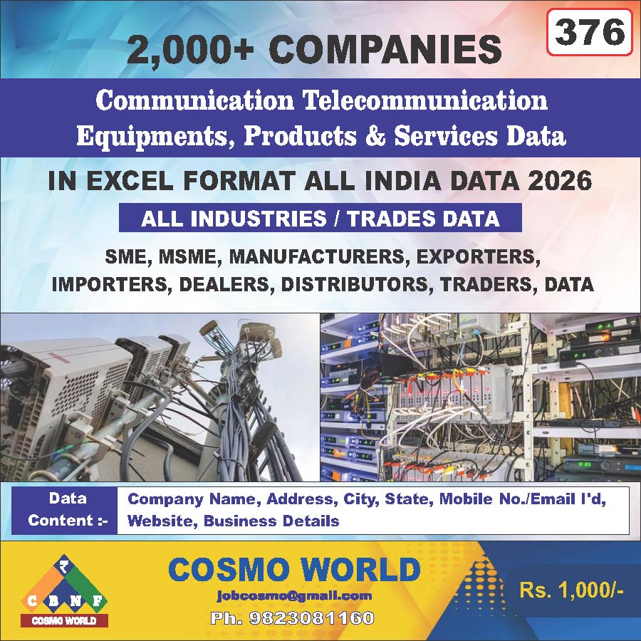 Communication Telecommunication Equipment's, Products & Services Database by CosmoDatabase — B2B Contact List with Emails and Phone Numbers