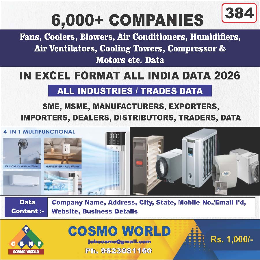 Fans, Coolers, Blowers, Air Conditioners, Humidifiers, Air Ventilators, Cooling Towers, Compressor & Motors etc. Database by CosmoDatabase — B2B Contact List with Emails and Phone Numbers