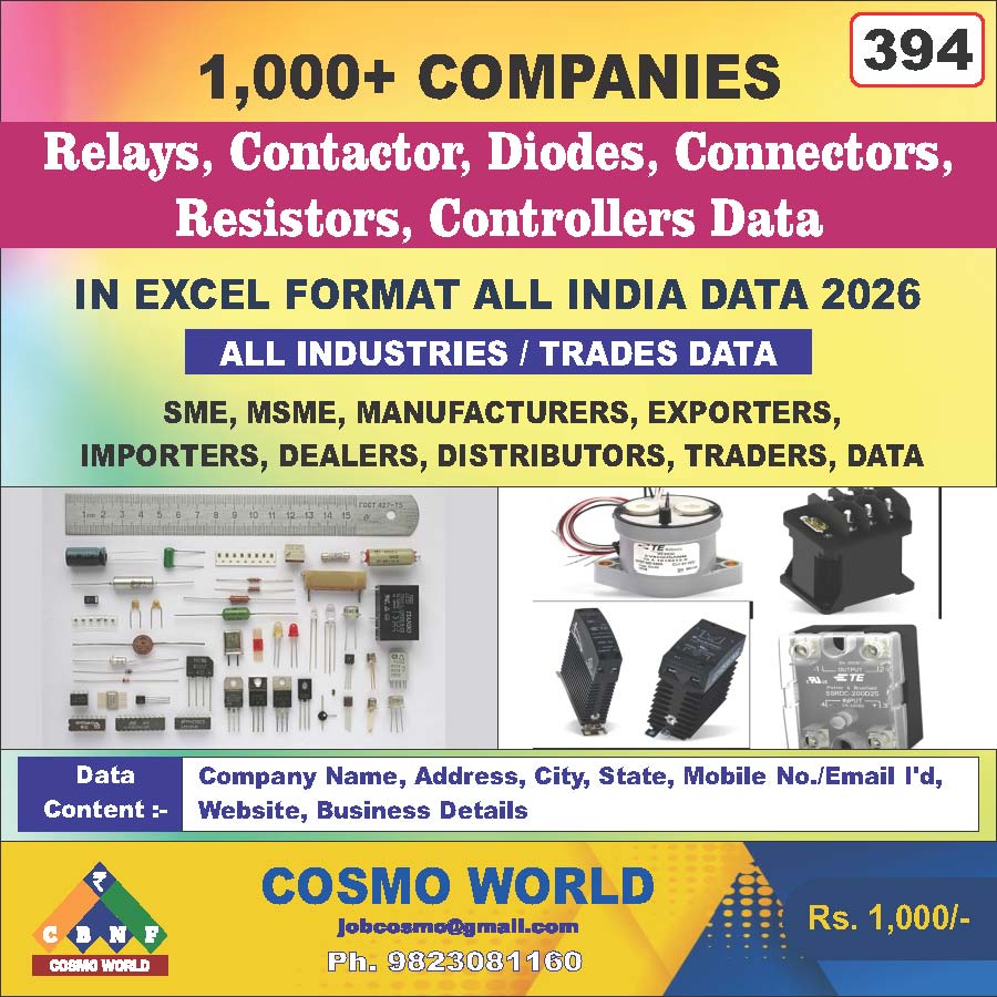 Relays, Contactor, Diodes, Connectors, Resistors, Controllers Database by CosmoDatabase — B2B Contact List with Emails and Phone Numbers