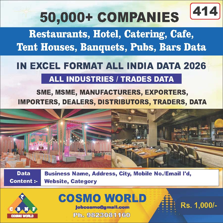 Restaurants, Hotel, Catering, Cafe, Tent Houses, Banquets, Pubs, Bars Database by CosmoDatabase — B2B Contact List with Emails and Phone Numbers