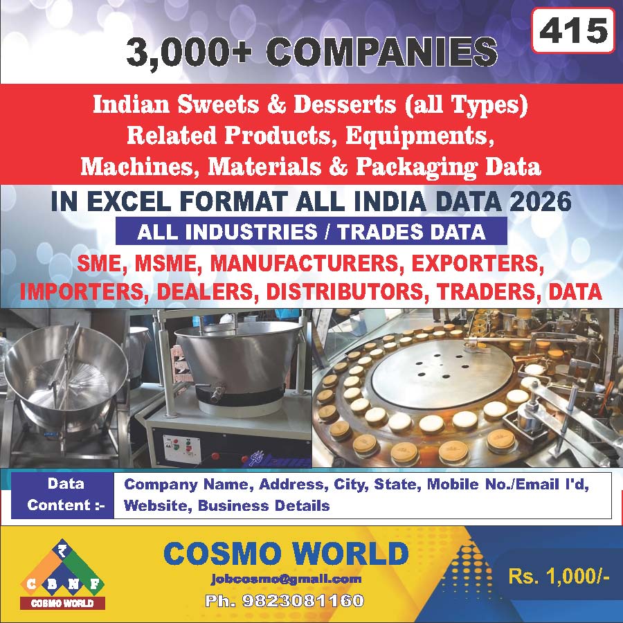 Indian Sweets & Desserts (all Types) Related Products, Equipment's, Machines, Materials & Packaging Database by CosmoDatabase — B2B Contact List with Emails and Phone Numbers