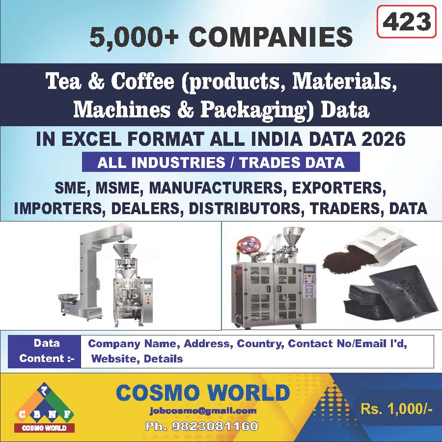 Tea & Coffee (Products, Materials, Machines & Packaging) Database by CosmoDatabase — B2B Contact List with Emails and Phone Numbers