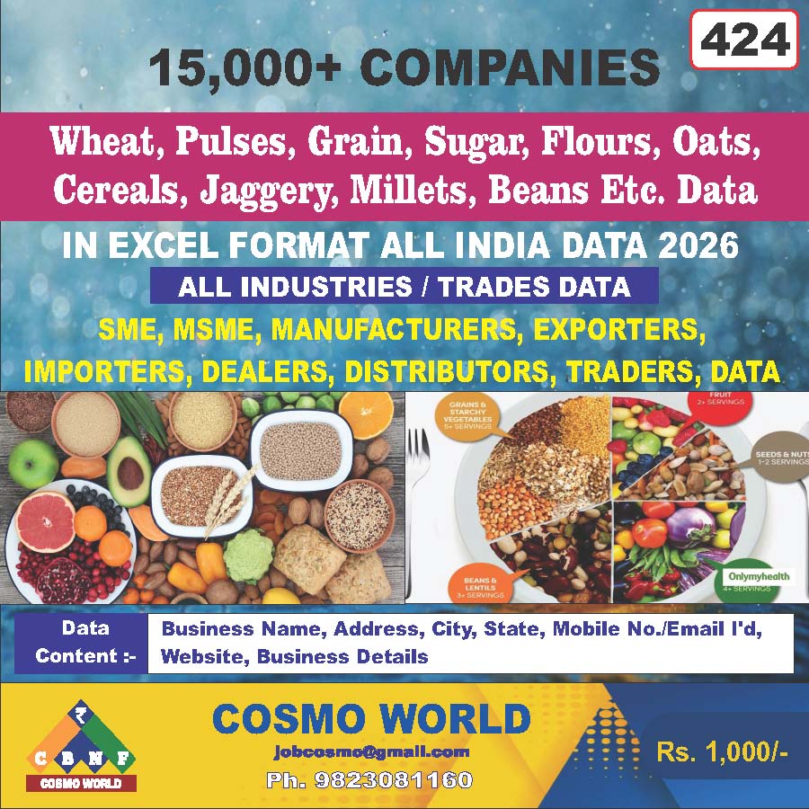 Wheat, Pulses, Grain, Sugar, Flours, Oats, Cereals, Jaggery, Millets, Beans Etc. Database by CosmoDatabase — B2B Contact List with Emails and Phone Numbers