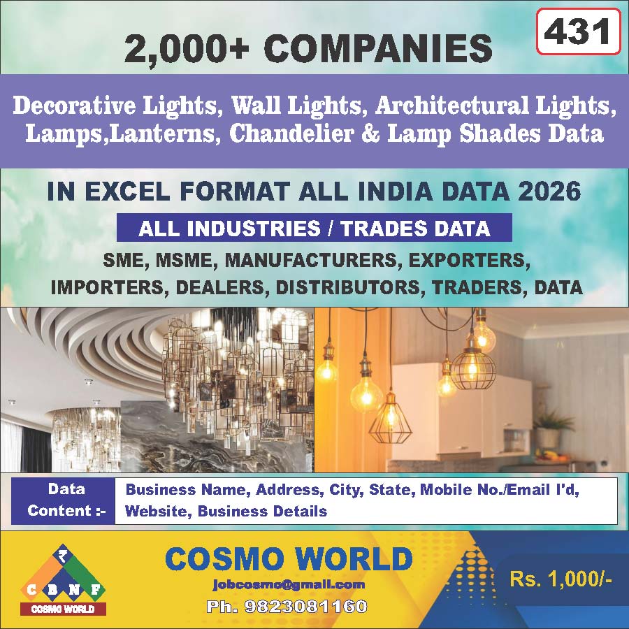 Decorative Lights, Wall Lights, Architectural Lights, Lamps, Lanterns, Chandelier & Lamp Shades Database by CosmoDatabase — B2B Contact List with Emails and Phone Numbers