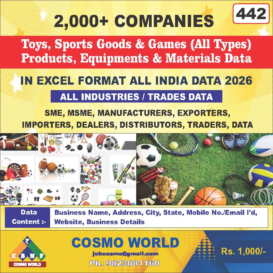 Toys, Sports Goods & Games (All Types) Products, Equipment's & Materials Database by CosmoDatabase — B2B Contact List with Emails and Phone Numbers
