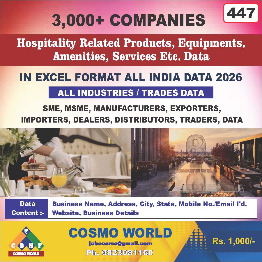Hospitality Related Products, Equipment's, Amenities, Services Etc. Database by CosmoDatabase — B2B Contact List with Emails and Phone Numbers