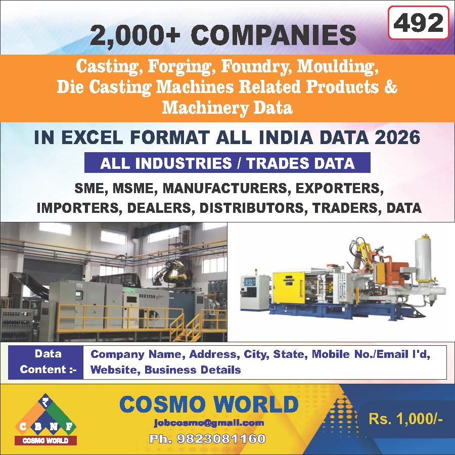 Casting, Forging, Foundry, Moulding, Die Casting Machines Related Products & Machinery Database by CosmoDatabase — B2B Contact List with Emails and Phone Numbers