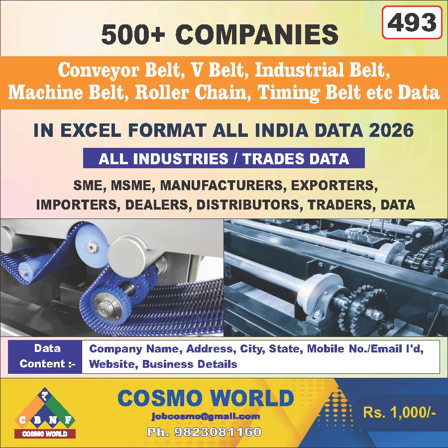 Conveyor Belt, V Belt, Industrial Belt, Machine Belt, Roller Chain, Timing Belt etc Database by CosmoDatabase — B2B Contact List with Emails and Phone Numbers
