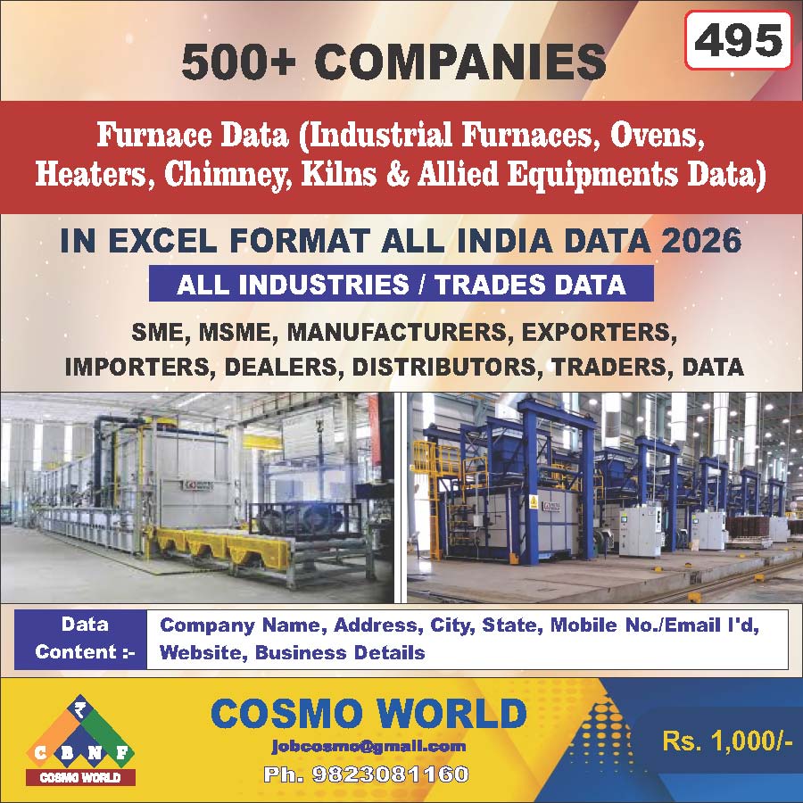 Furnace (Industrial Furnaces, Ovens, Heaters, Chimney, Kilns & Allied Equipments) Database by CosmoDatabase — B2B Contact List with Emails and Phone Numbers