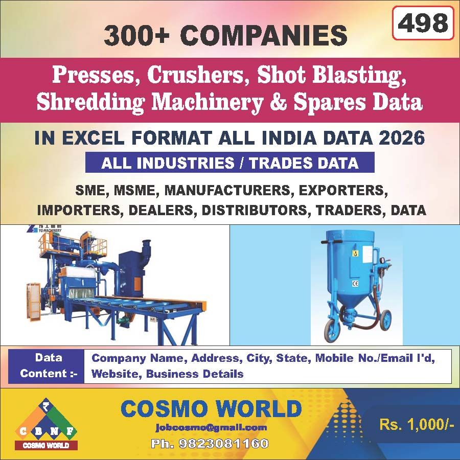 Presses, Crushers, Shot Blasting, Shredding Machinery & Spares Database by CosmoDatabase — B2B Contact List with Emails and Phone Numbers