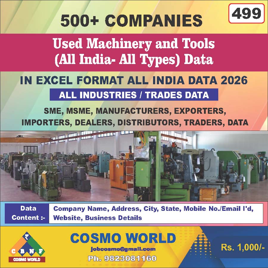 Used Machinery and Tools (All India- All Types) Database by CosmoDatabase — B2B Contact List with Emails and Phone Numbers
