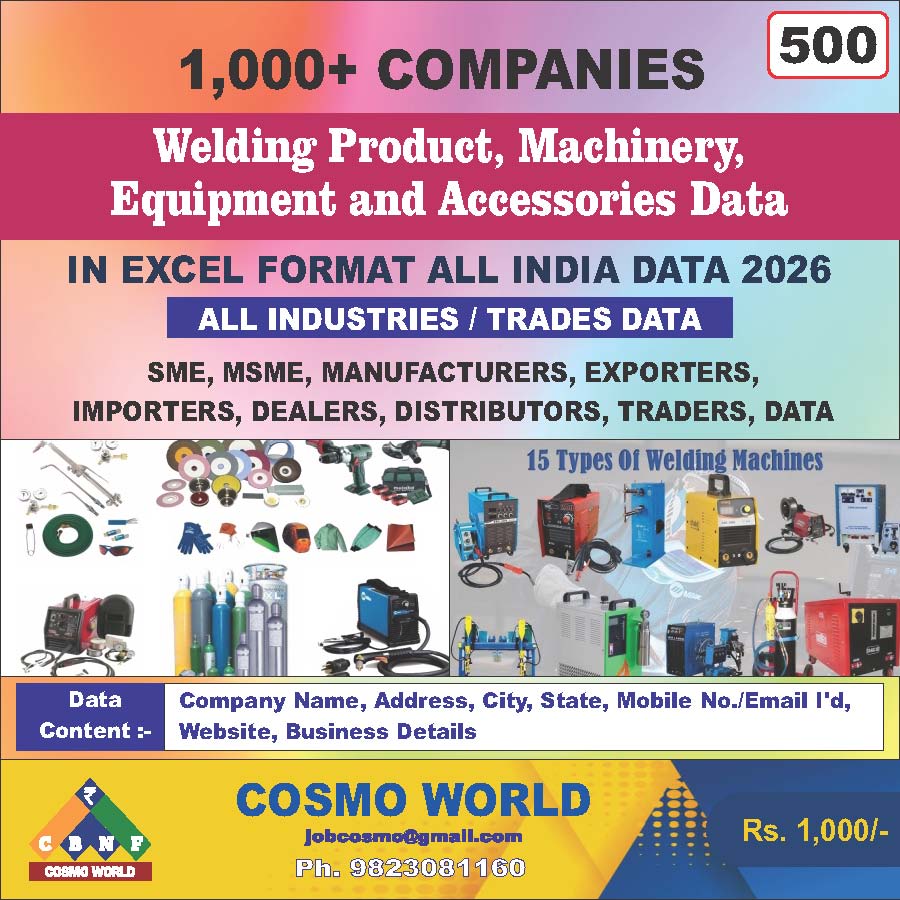 Welding Product, Machinery, Equipment and Accessories Database by CosmoDatabase — B2B Contact List with Emails and Phone Numbers