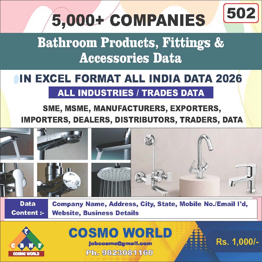 Bathroom Products, Fittings & Accessories Database by CosmoDatabase — B2B Contact List with Emails and Phone Numbers