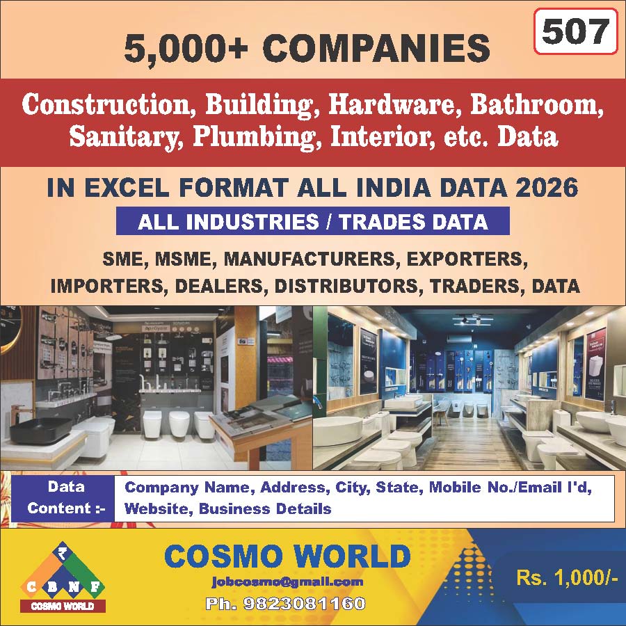 Construction, Building, Hardware, Bathroom, Sanitary, Plumbing, Interior, etc. Database by CosmoDatabase — B2B Contact List with Emails and Phone Numbers