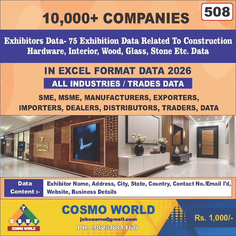 Exhibitors- 75 Exhibition Related To Construction Hardware, Interior, Wood, Glass, Stone Etc. Database by CosmoDatabase — B2B Contact List with Emails and Phone Numbers