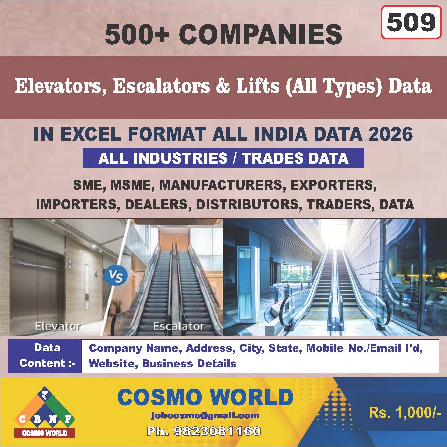 Elevators, Escalators & Lifts (All Types) Database by CosmoDatabase — B2B Contact List with Emails and Phone Numbers