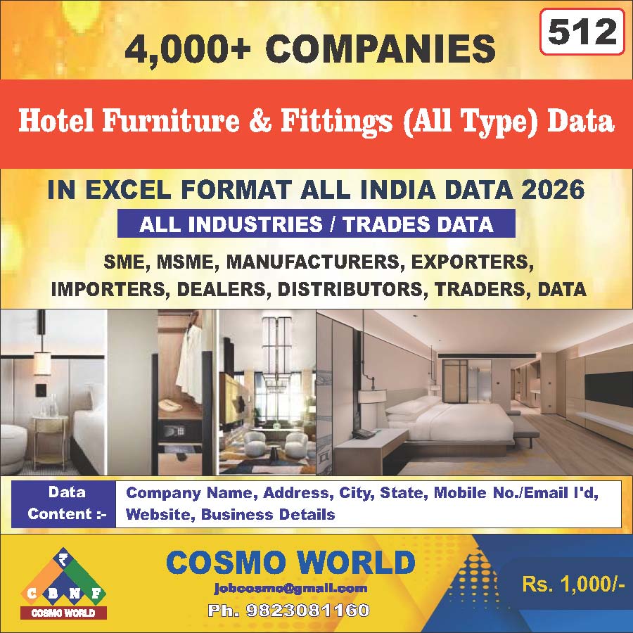 Hotel Furniture & Fittings (All Type) Database by CosmoDatabase — B2B Contact List with Emails and Phone Numbers
