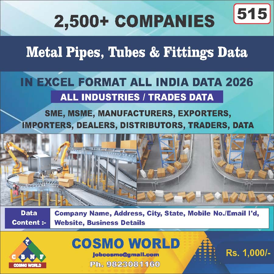Metal Pipes, Tubes & Fittings Database by CosmoDatabase — B2B Contact List with Emails and Phone Numbers