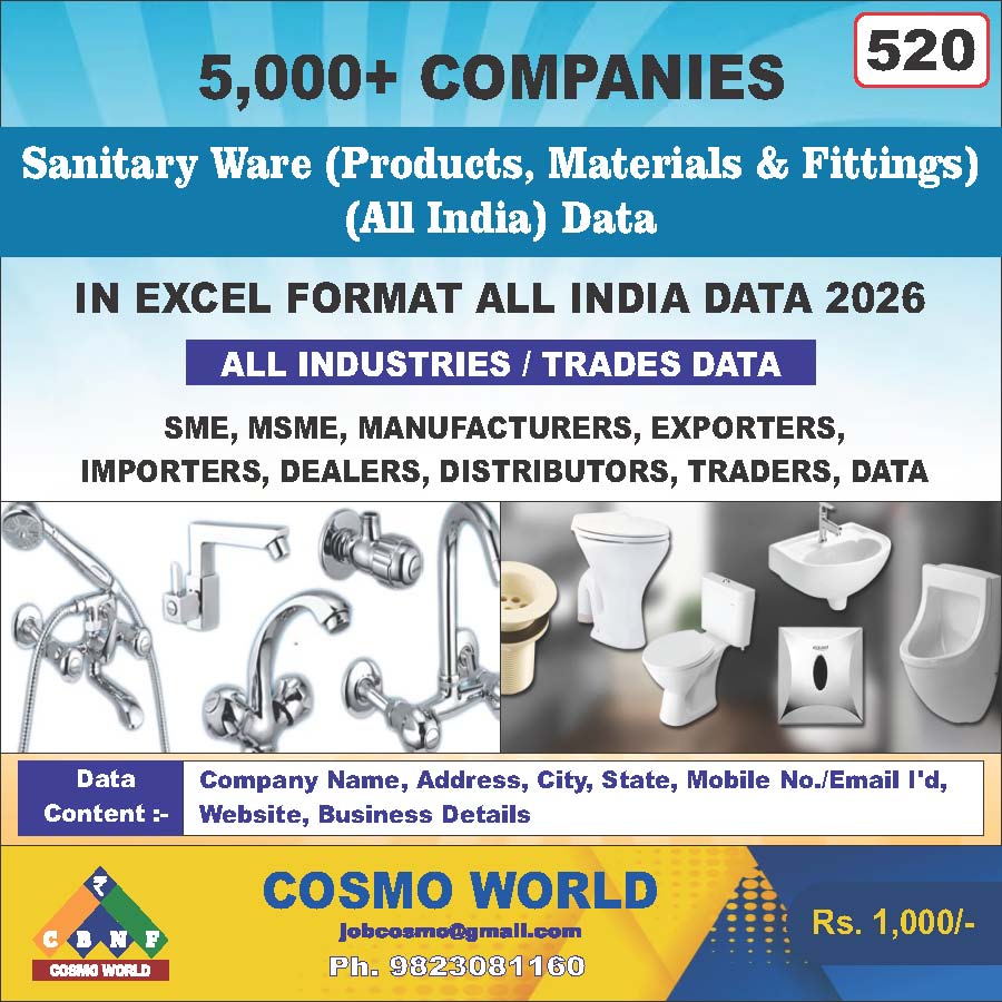 Sanitary Ware (Products, Materials & Fittings) (All India) Database by CosmoDatabase — B2B Contact List with Emails and Phone Numbers